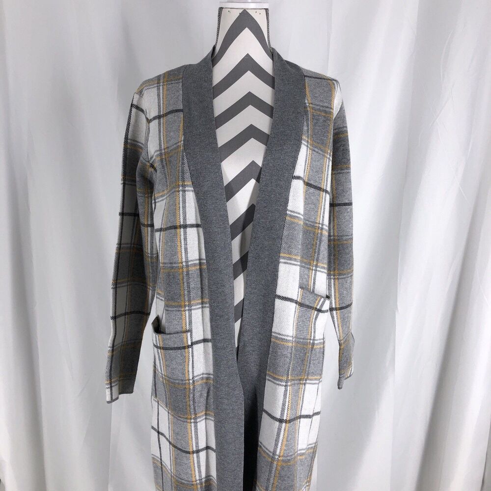 Max Studio Plaid Open Front Long Cardigan Jacket Size M Winter Boho Chic